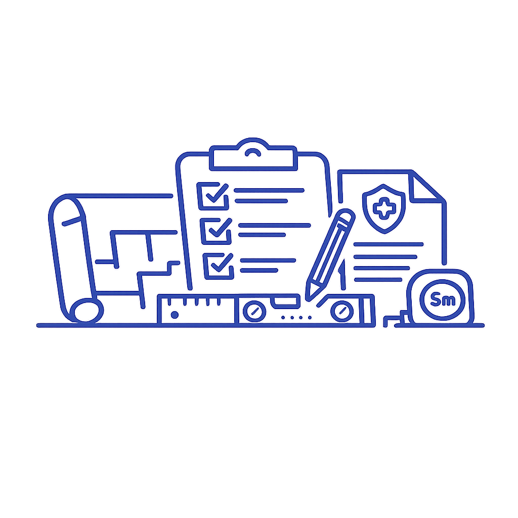 Medical documents, checklist, pen, ruler, and medical shield icon on a clipboard, all in a blue line art style.