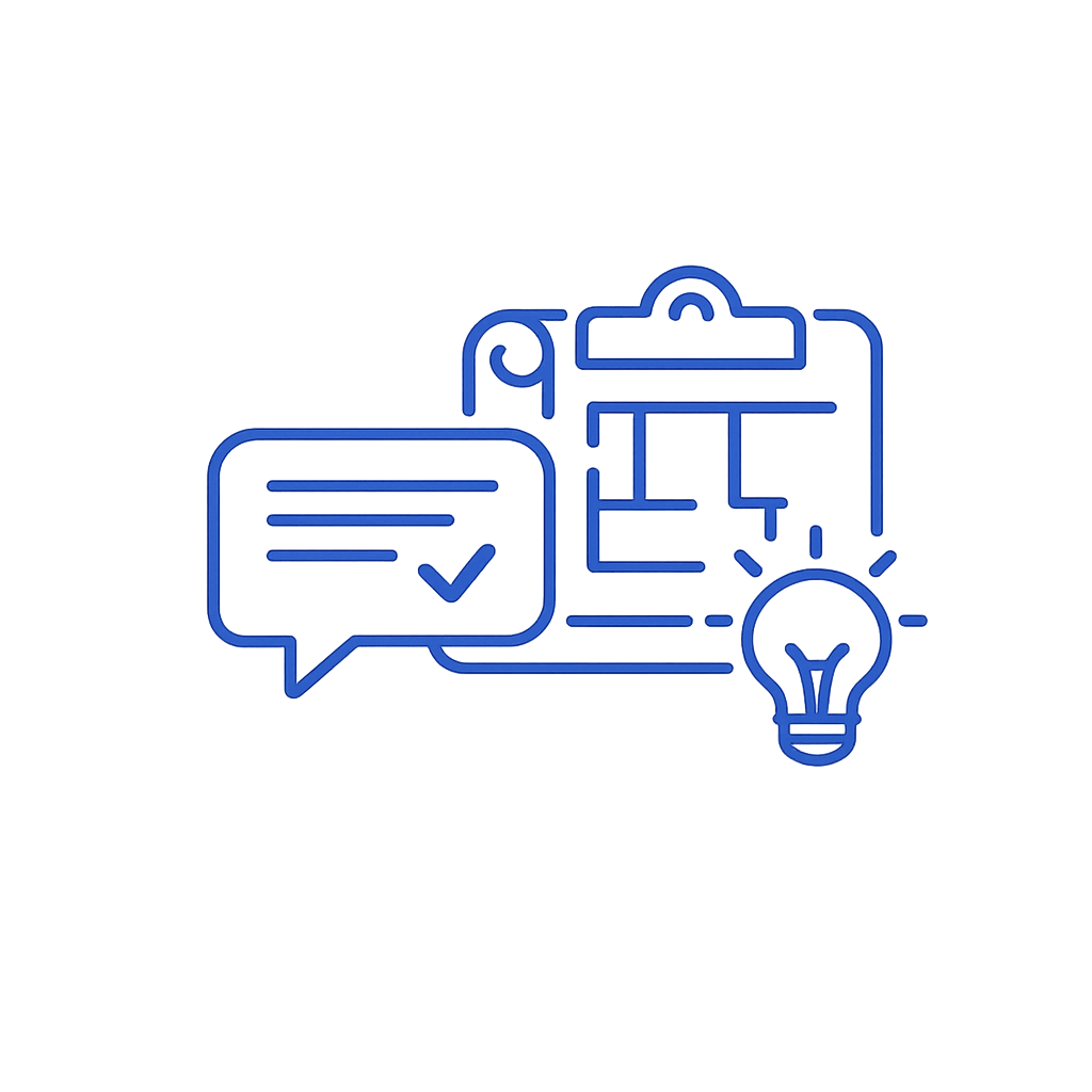 Blue illustration of a speech bubble with a check mark, a clipboard with a layout plan, and a light bulb, representing ideas and planning.