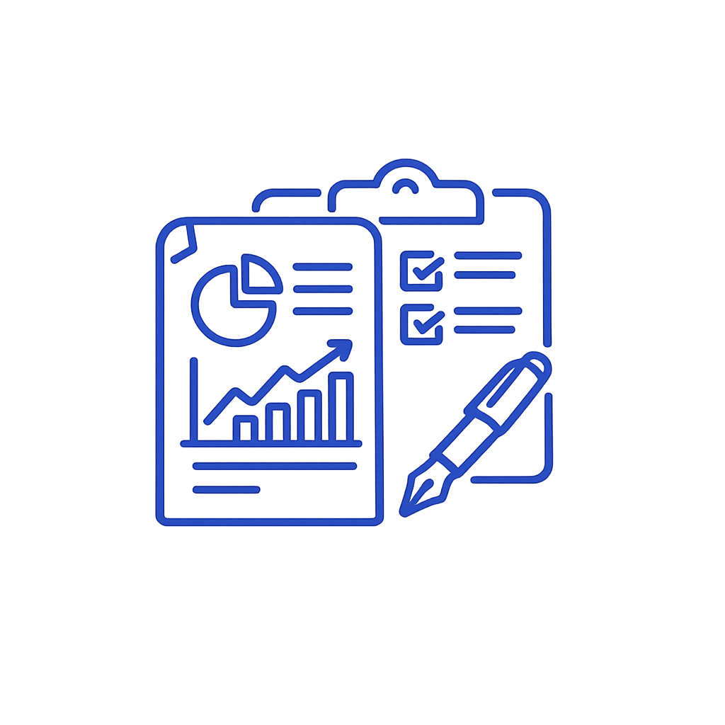 Illustration of financial documents and checklists on clipboards with a pen, representing data analysis and planning.