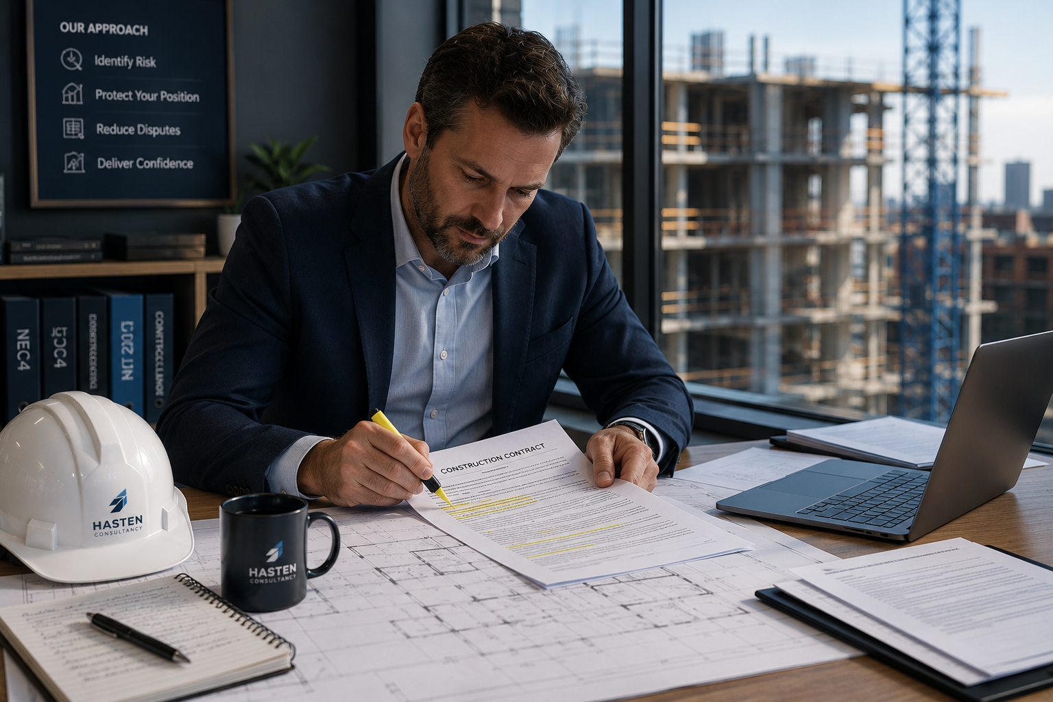 A man in business attire sitting at a desk, reviewing and highlighting a construction contract document. There is a white hard hat, a black mug, a laptop, and various papers and blueprints on the desk. A large window behind him shows a construction site with a building under construction and a crane.
