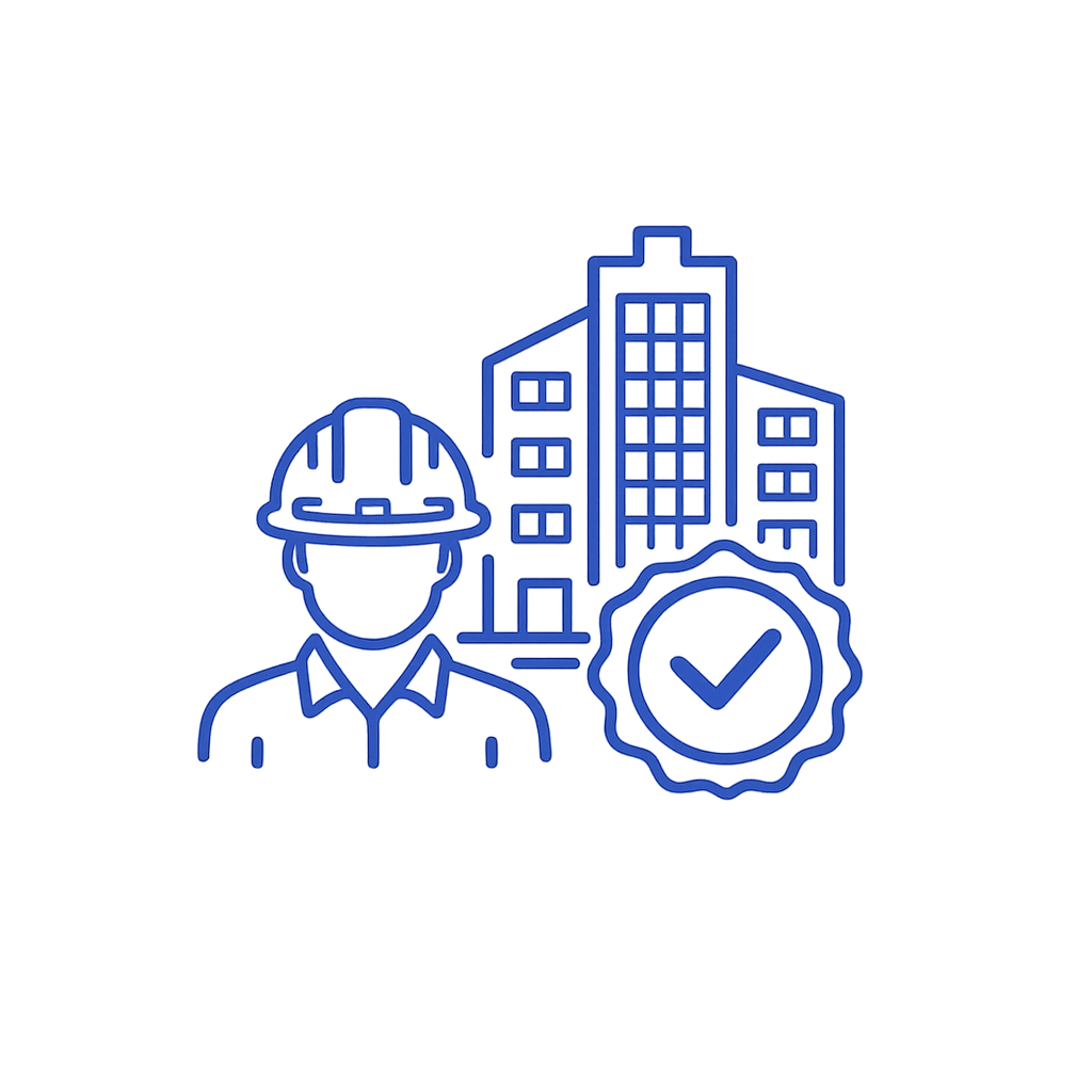 Outline of a construction worker wearing a hard hat, with a cityscape and a checkmark badge behind, symbolizing construction safety or approval.