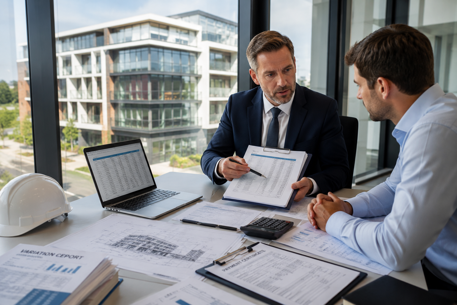 Two businessmen having a discussion in a modern office with floor-to-ceiling windows, showing documents, a laptop, a calculator, and construction plans on the table.