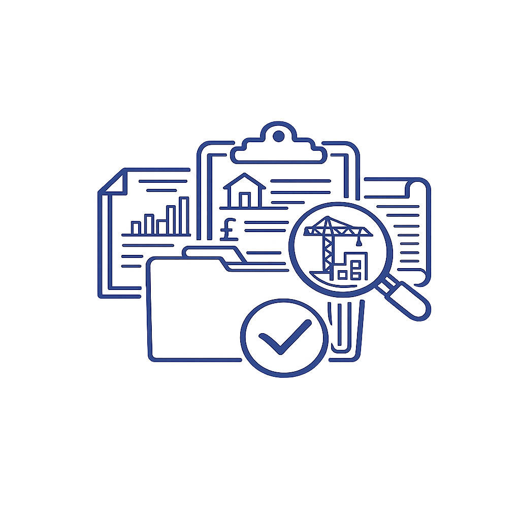 Line drawing of a folder, documents, and a magnifying glass over construction crane and house, symbolizing real estate inspection or analysis.