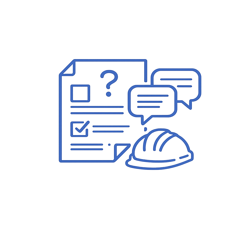 A construction safety helmet placed in front of a digital illustration of a document, speech bubbles, and a question mark, symbolizing safety planning or communication in construction.