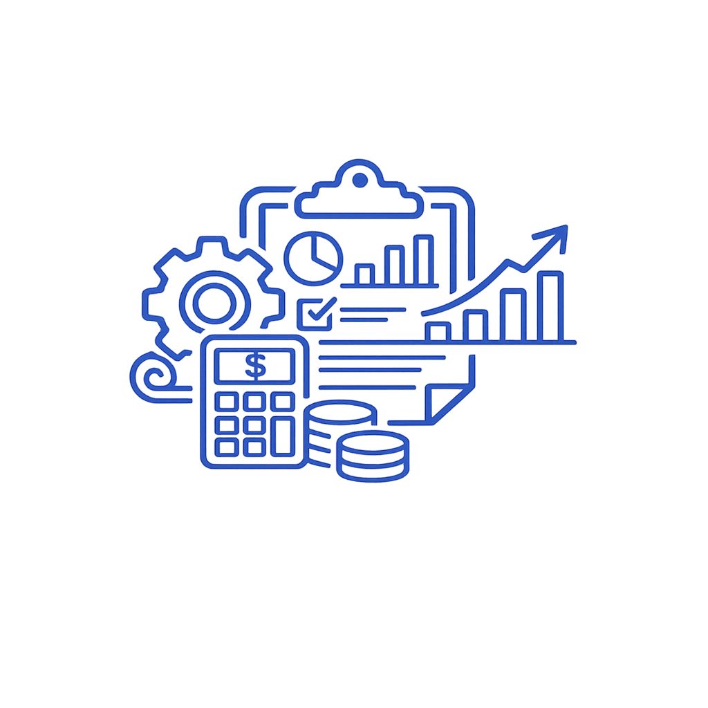 Digital illustration of business and financial analytics icons including gears, calculator, charts, coins, and documents with an upward trending arrow.