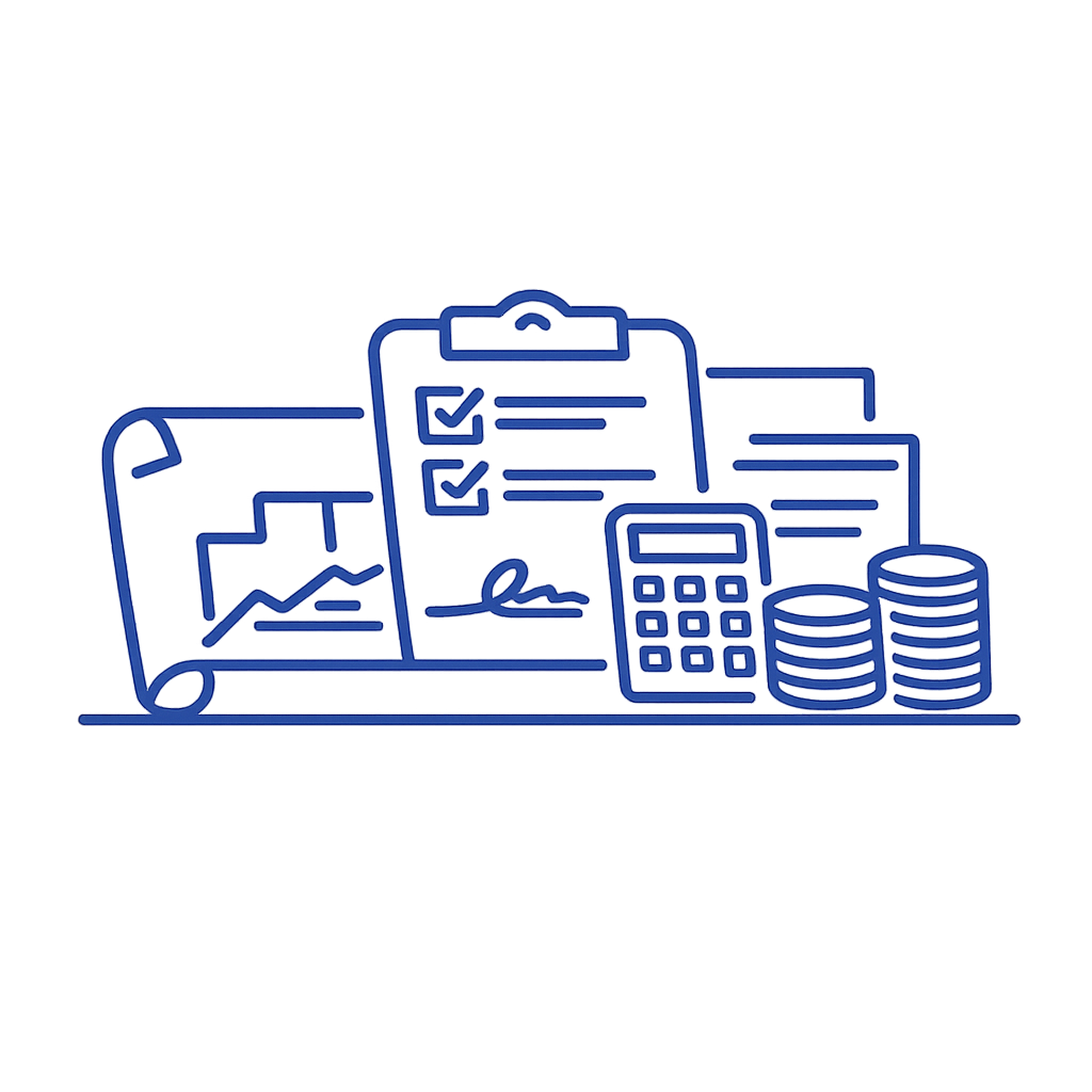 Illustration of financial documents, a clipboard with checkmarks, a calculator, and stacks of coins.