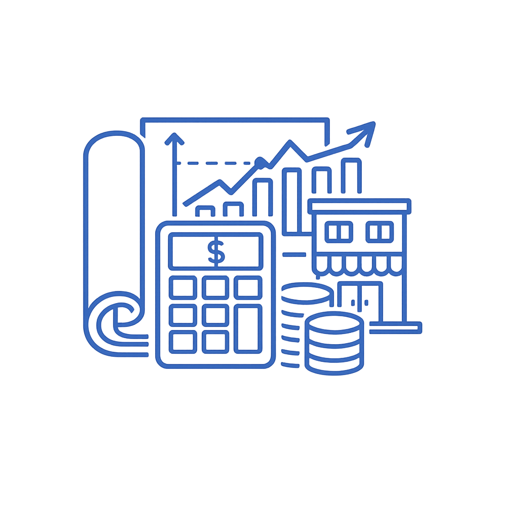 A digital illustration of financial growth, featuring a calculator, coins, a storefront, and a line graph with an upward trend.