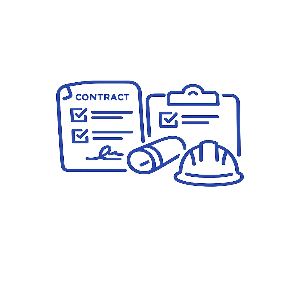 Line art illustration of construction-related documents, a hard hat, and a rolled blueprint.