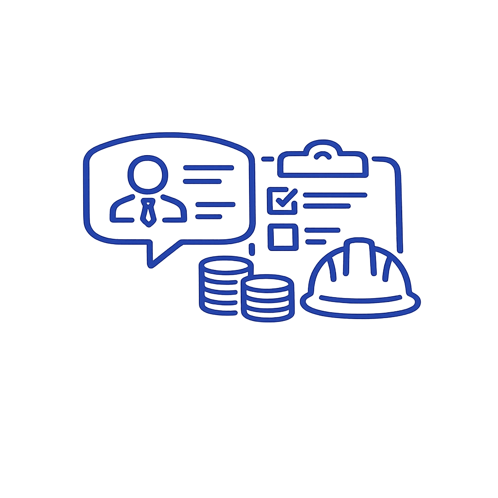 Neon sign with icons of a person, a checklist, coins, and a safety helmet, representing human resources, payroll, finance, and safety.