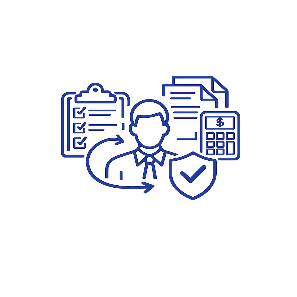 Illustration of a person surrounded by documents, checklist, calculator, and shield with a checkmark, representing finance or security.