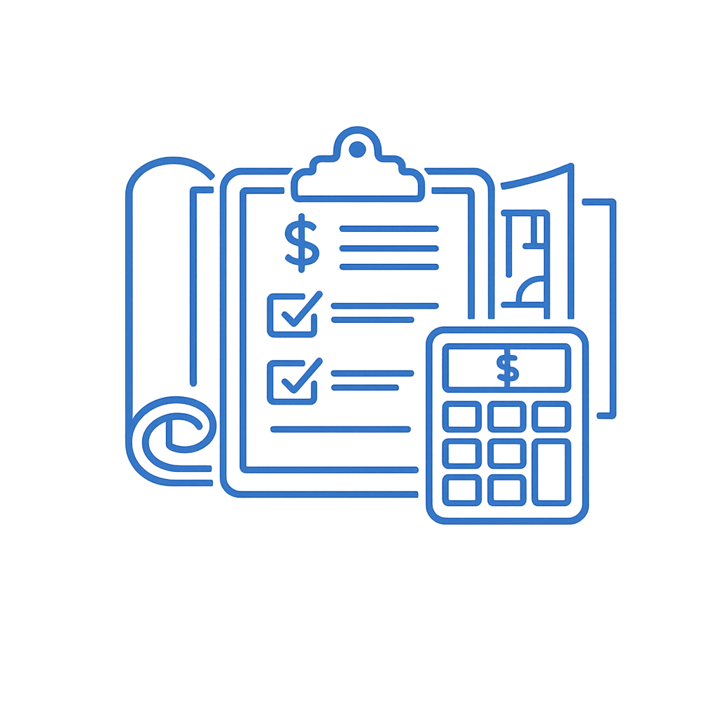 Illustration of financial documents including a checklist, calculator, and an invoice with dollar signs.