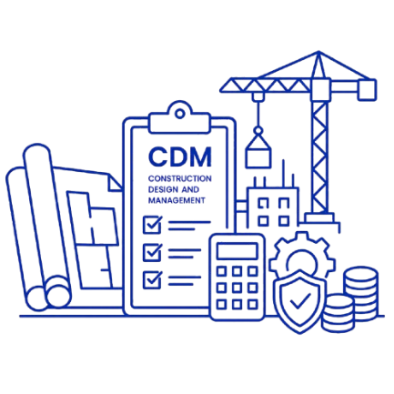 Construction and project management icons including a clipboard with 'CDM,' blueprints, a crane, buildings, a calculator, a gear, a shield with a checkmark, and stacks of coins, all in blue outline.