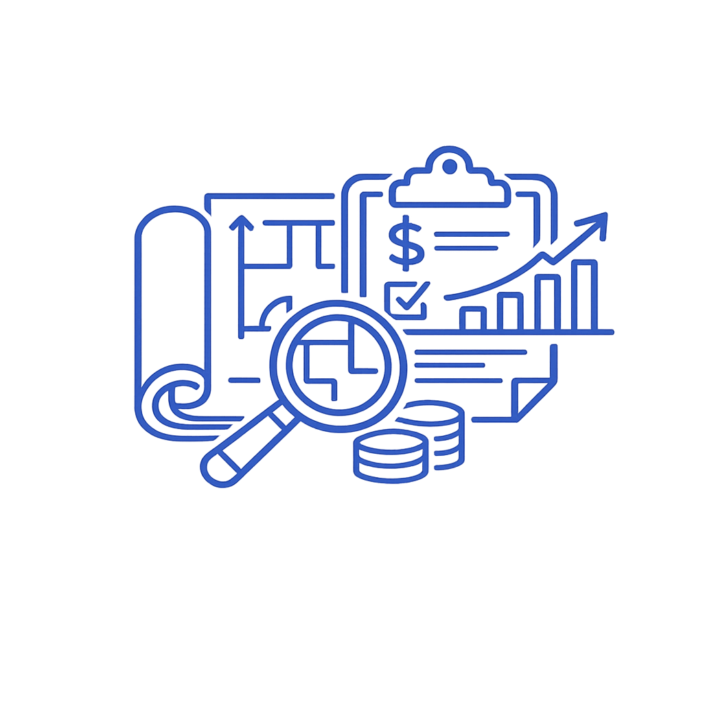 Blue line drawing of financial and analytical icons including a magnifying glass, a clock, a clipboard with a dollar sign, a checkmark, a bar chart with upward trend, and stacked coins.