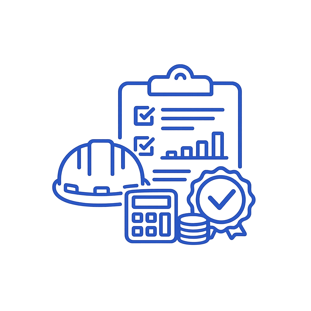 Icons representing construction planning, budgeting, and project management, including a hard hat, clipboard with graphs, calculator, coins, and a checkmark.