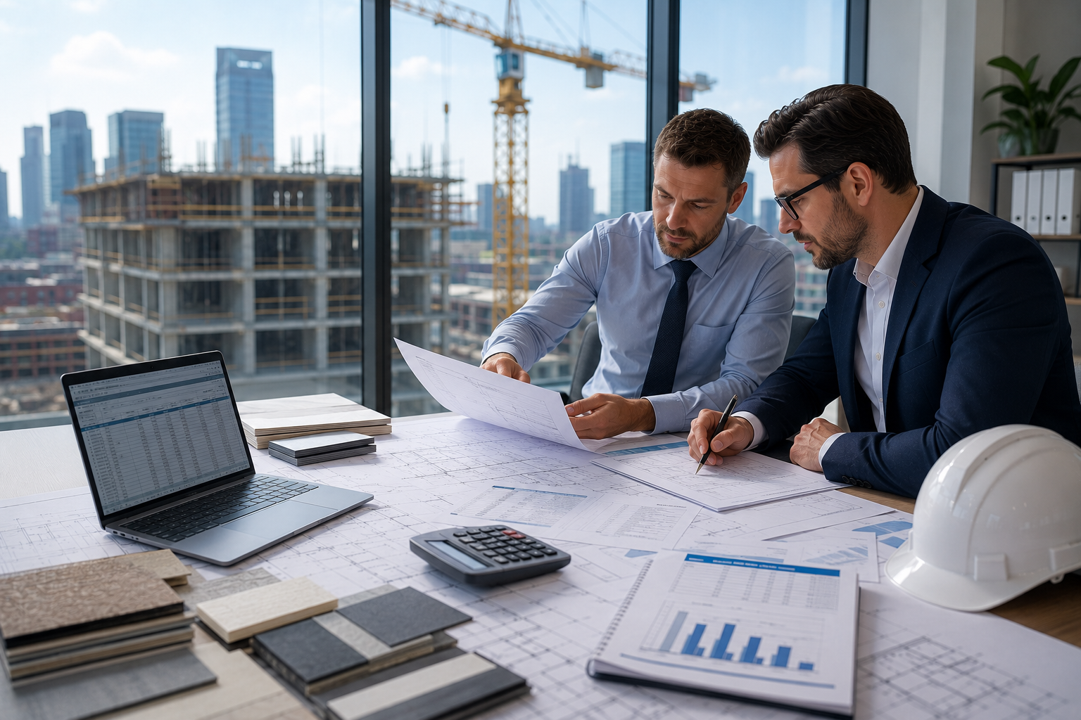Two men in business suits discussing architectural plans at a construction site office with city buildings and a crane outside the window.