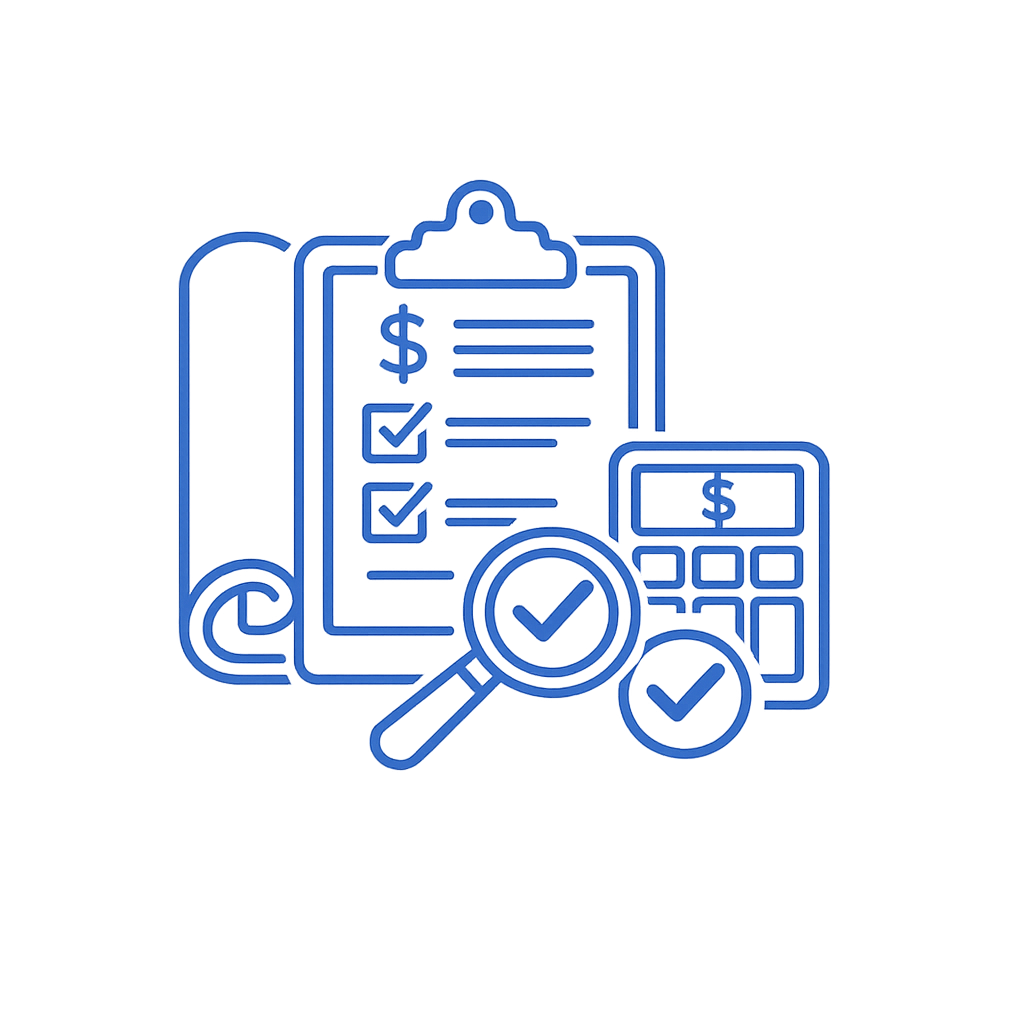 Blue illustration of financial planning tools, including a clipboard with checkmarks, a calculator, a magnifying glass with a checkmark, and a document with dollar signs.