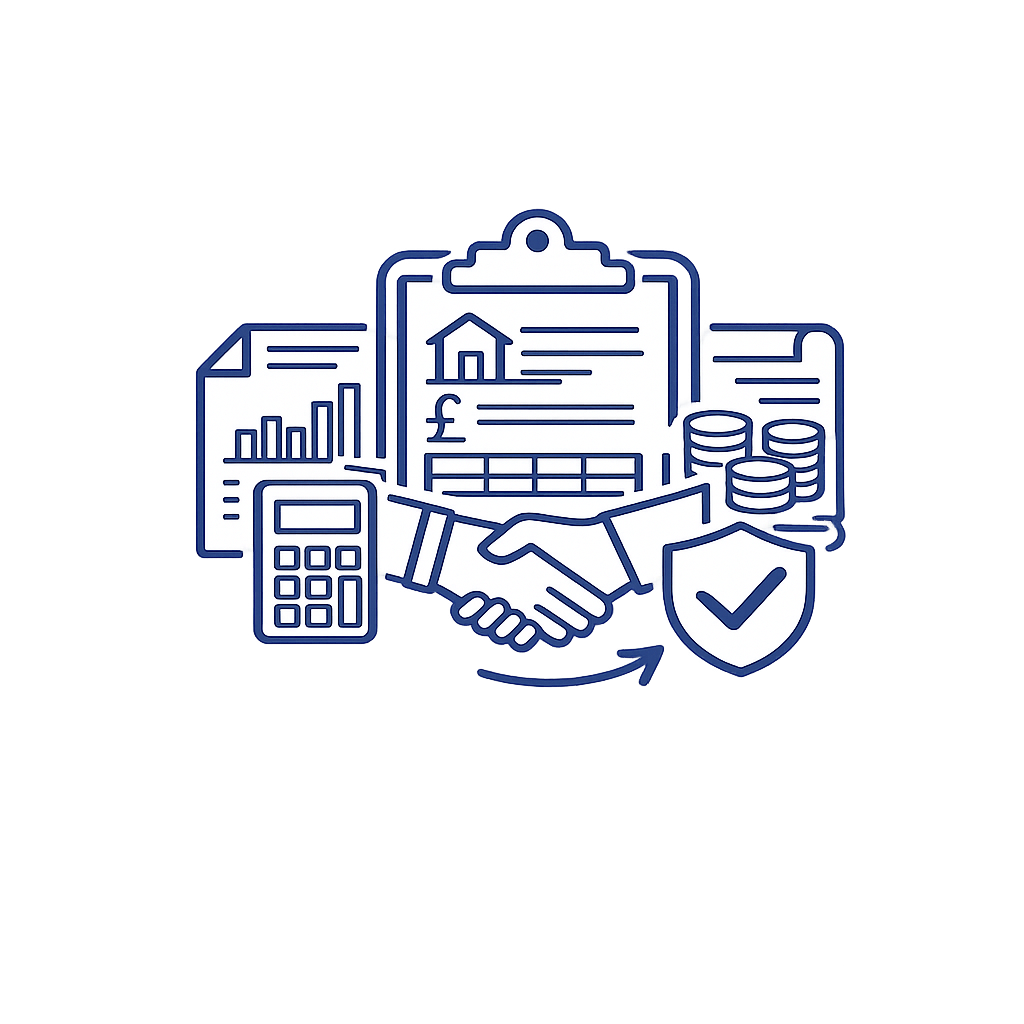 Line drawing of a handshake with financial and real estate icons, including a calculator, stacks of coins, a document with a house and currency symbols, and a shield with a checkmark, representing real estate transaction security and financial agreement.