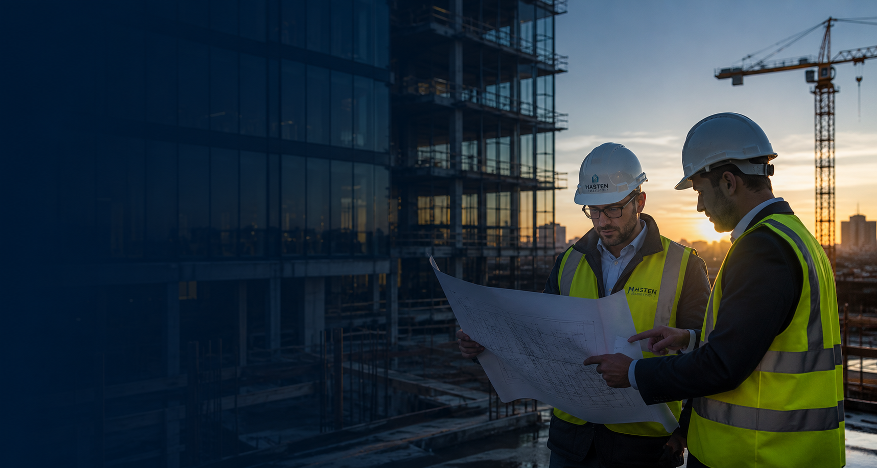 Two construction managers wearing safety helmets and reflective vests review building plans on a construction site during sunset.