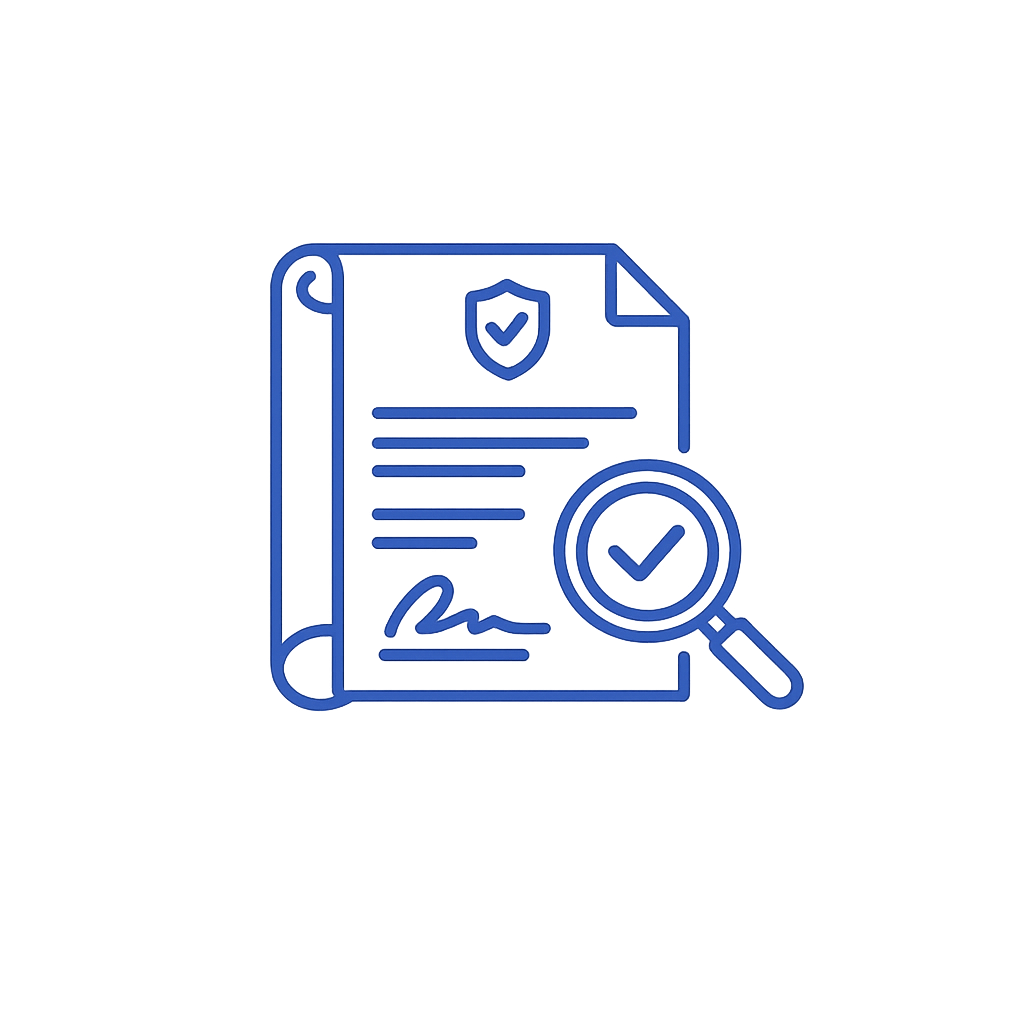 A blue digital illustration of a document with a shield icon, a signature, and a magnifying glass with a checkmark, symbolizing secure or verified digital documentation.