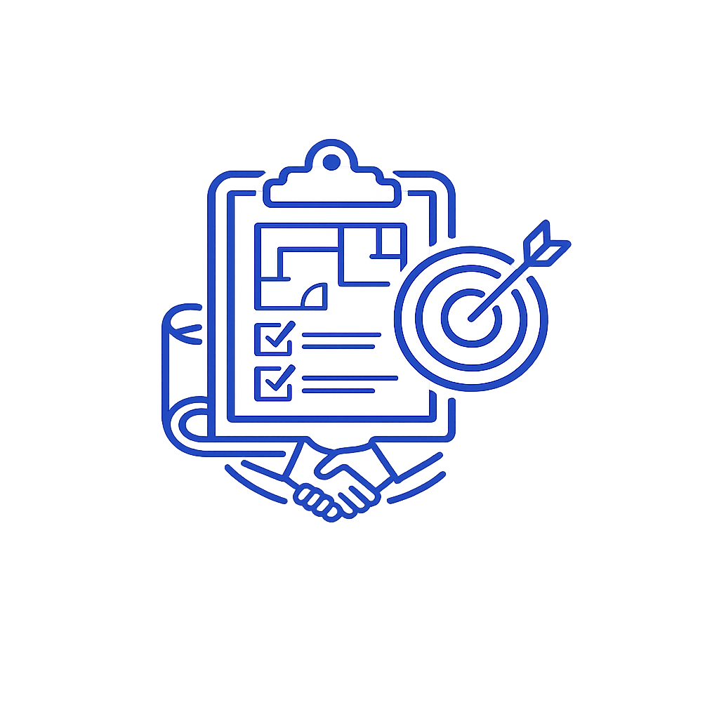 Blue icon of a clipboard with a floor plan, checklist, and a target with an arrow in the bullseye.