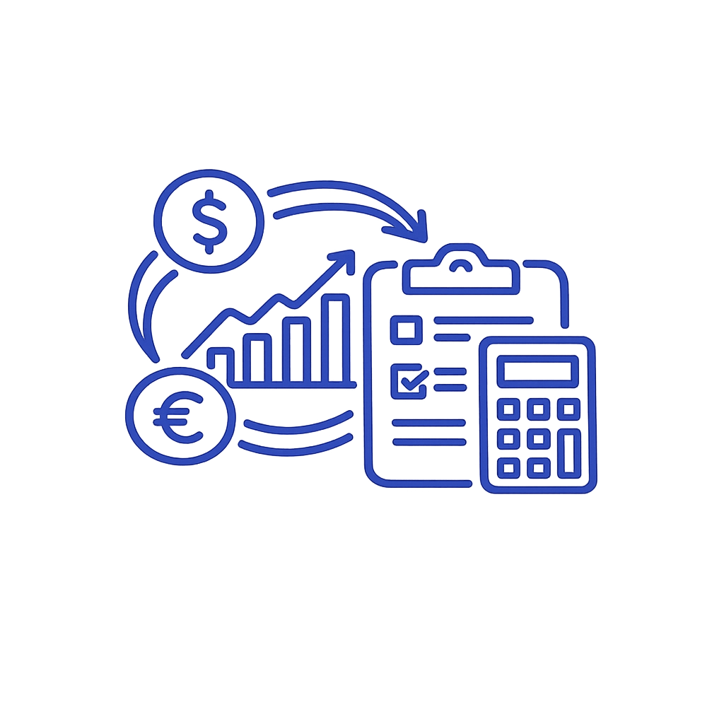 Financial analysis concept illustration with dollar and euro symbols, a rising chart, financial document, and calculator