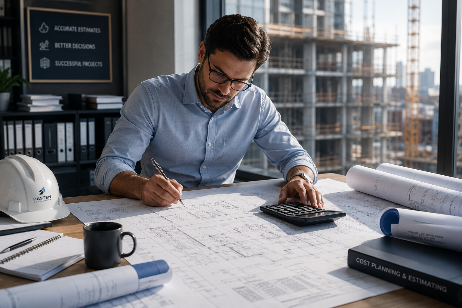 An architect wearing glasses, working on blueprints at a desk in a modern office with large windows showing a construction site outside. The desk has rolled blueprints, a calculator, a notebook, a black coffee mug, a white hard hat with the logo 'Hasten Consultan', and a book titled 'Cost Planning & Estimating'. A sign on the wall behind displays 'Accurate Estimates, Better Decisions, Successful Projects'.