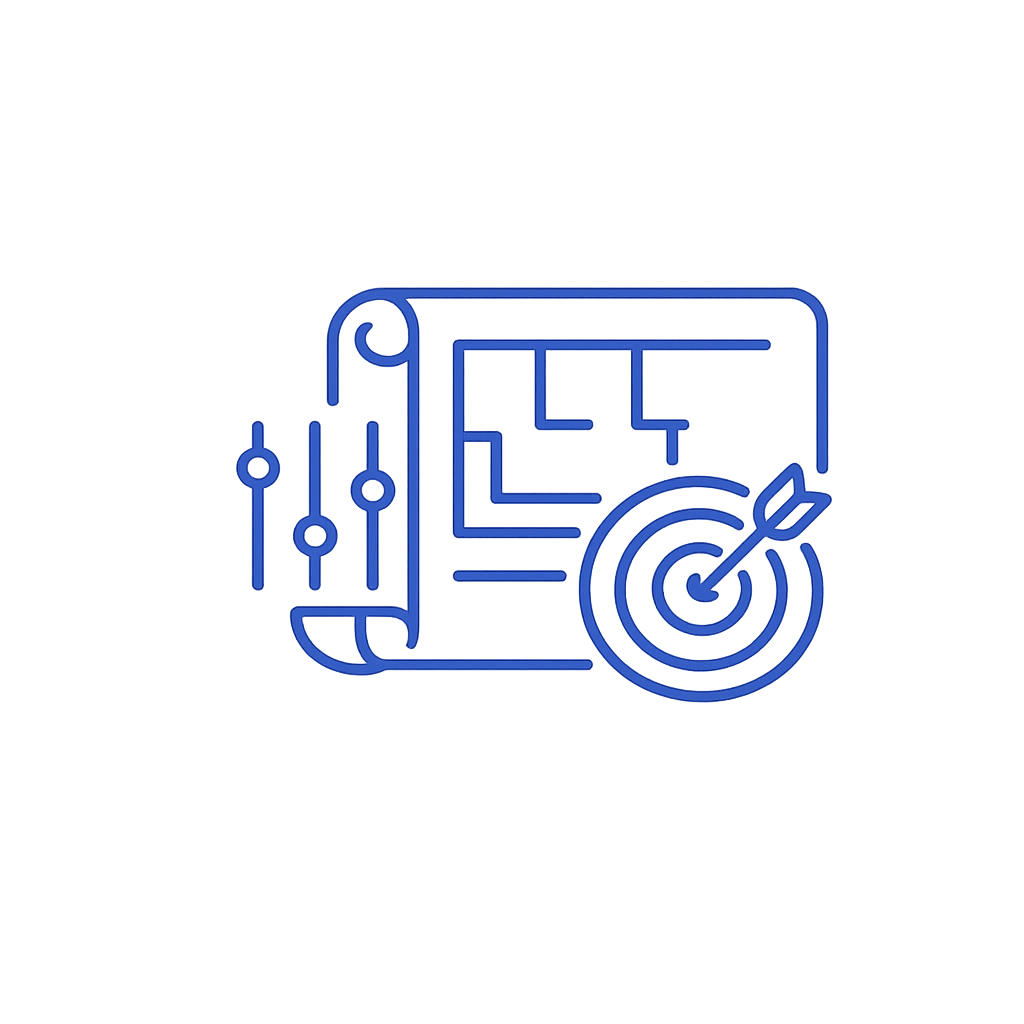 A blue digital line drawing of a document with design elements, sliders, and a target with an arrow hitting the bullseye.