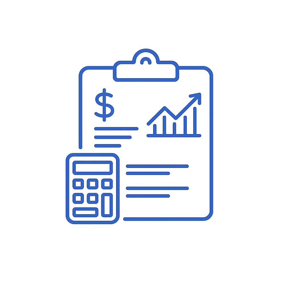 Blue icon of financial documents including a clipboard with a dollar sign and upward trending chart, and a calculator.
