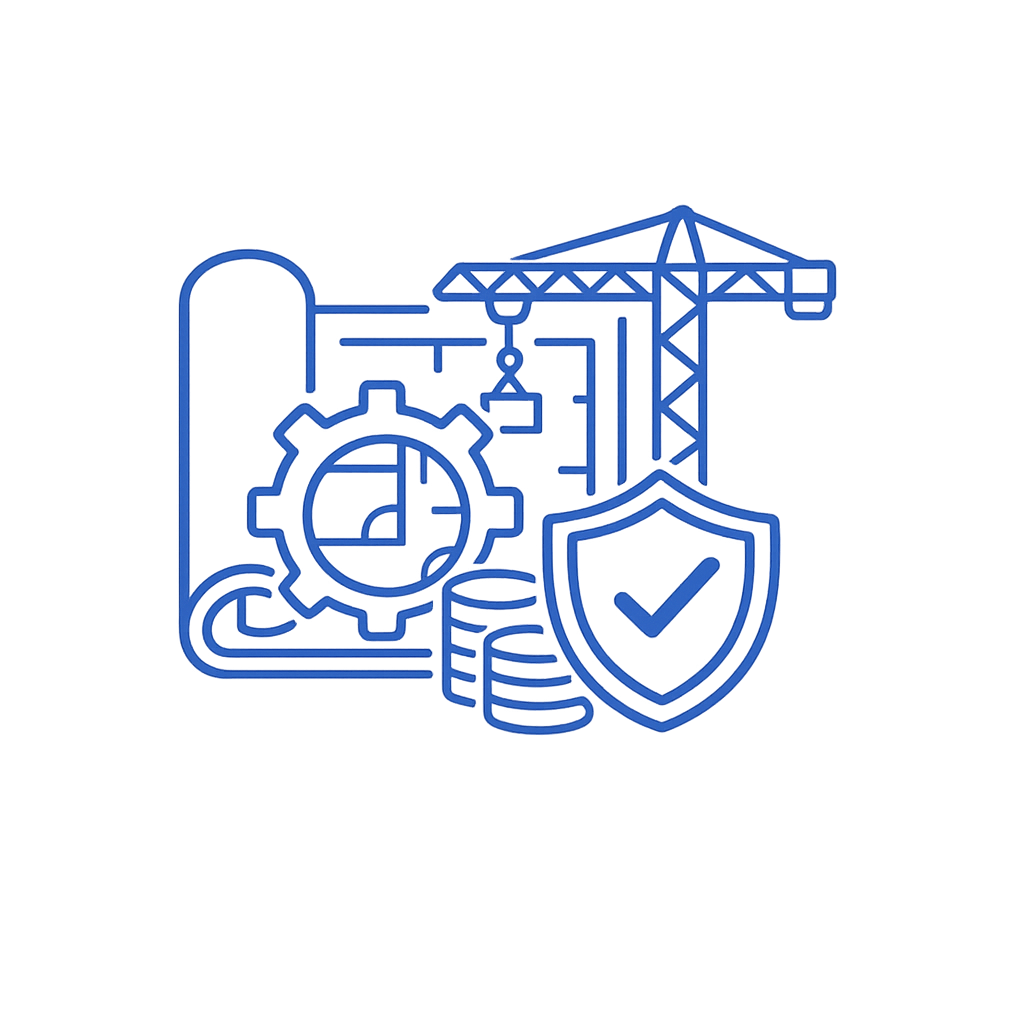 Construction crane with gear, shield, clock, stacks of coins, and blueprint icons representing project management, security, and financial planning.