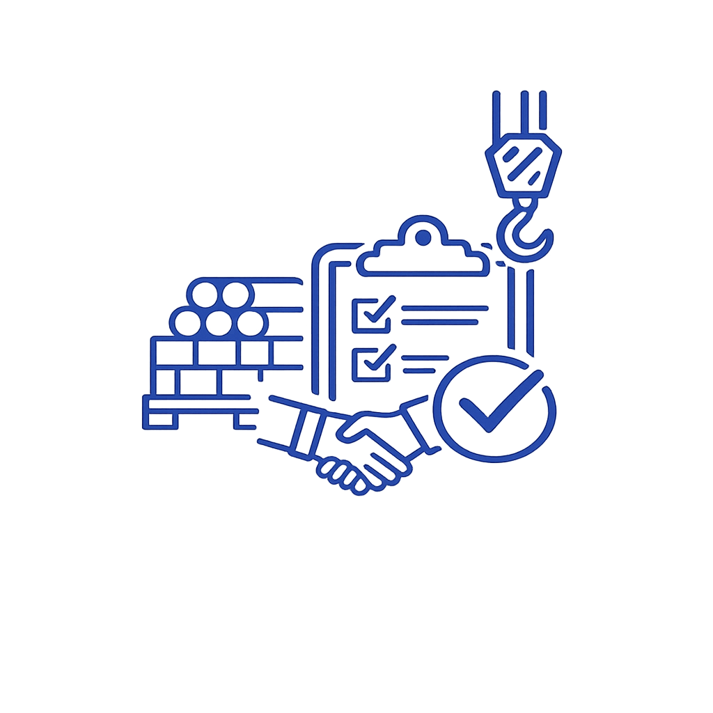 Illustration of a handshake with a clipboard, checkmark, barbell, and crane hook, symbolizing safety, agreement, and construction or teamwork.