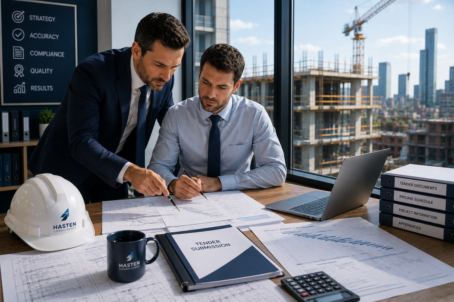 Two men in suits reviewing construction plans at their office desk, with a construction site visible outside the window, and papers, binders, a helmet, and a laptop on the desk.