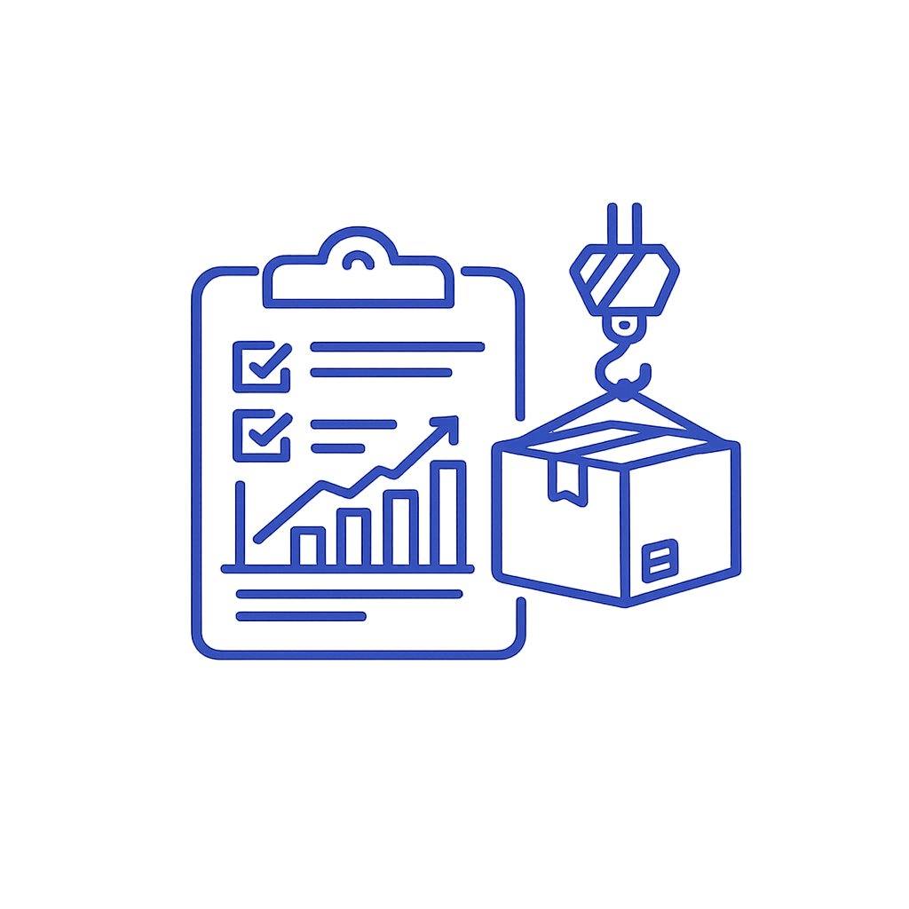 Illustration of a clipboard with checkmarks, bar and line graphs, and a delivery box being lifted by a crane, symbolizing logistics or supply chain management.