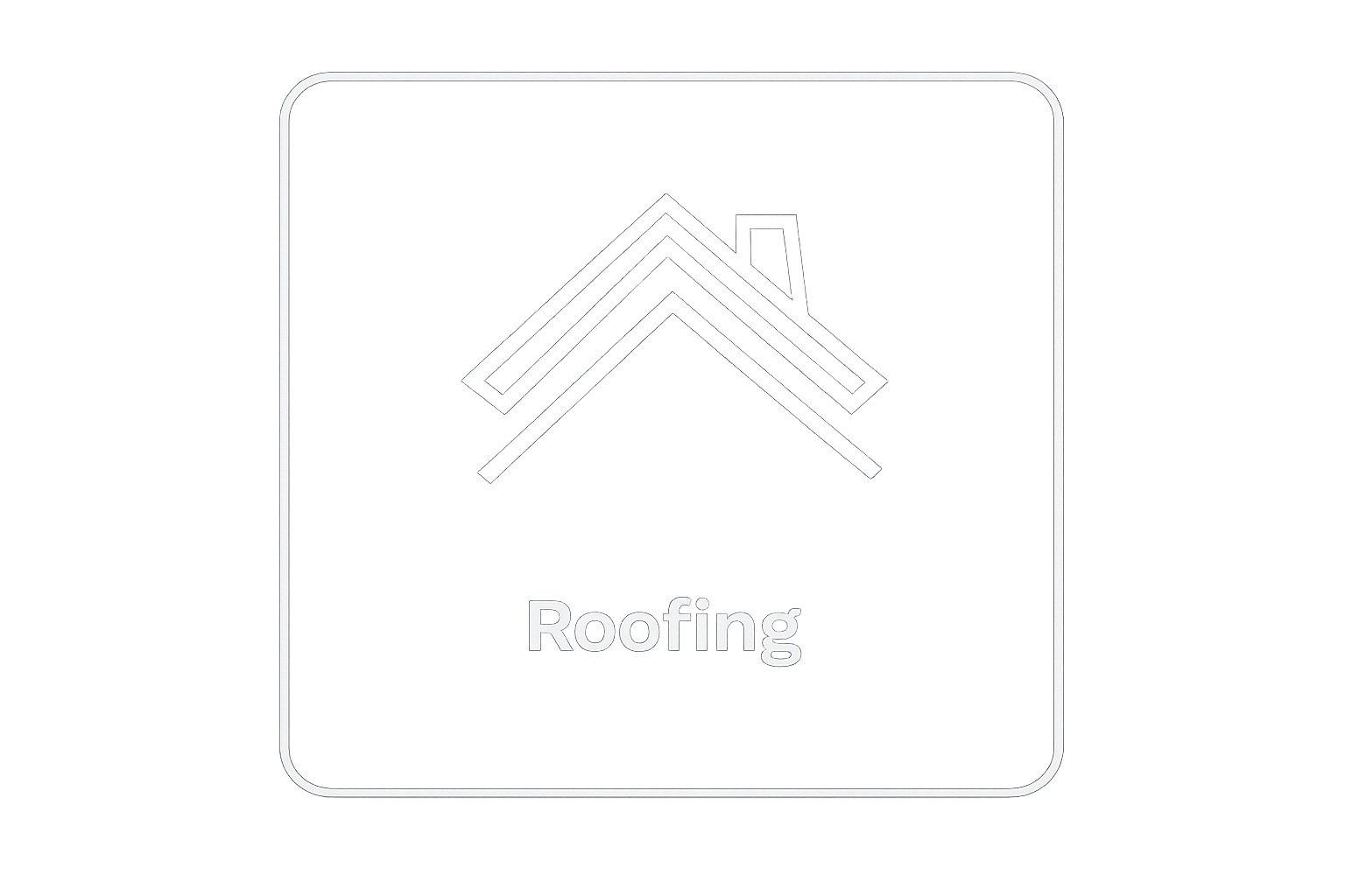 White outline of a house roof with the word 'Roofing' below, enclosed in a rounded square border, on a black background.
