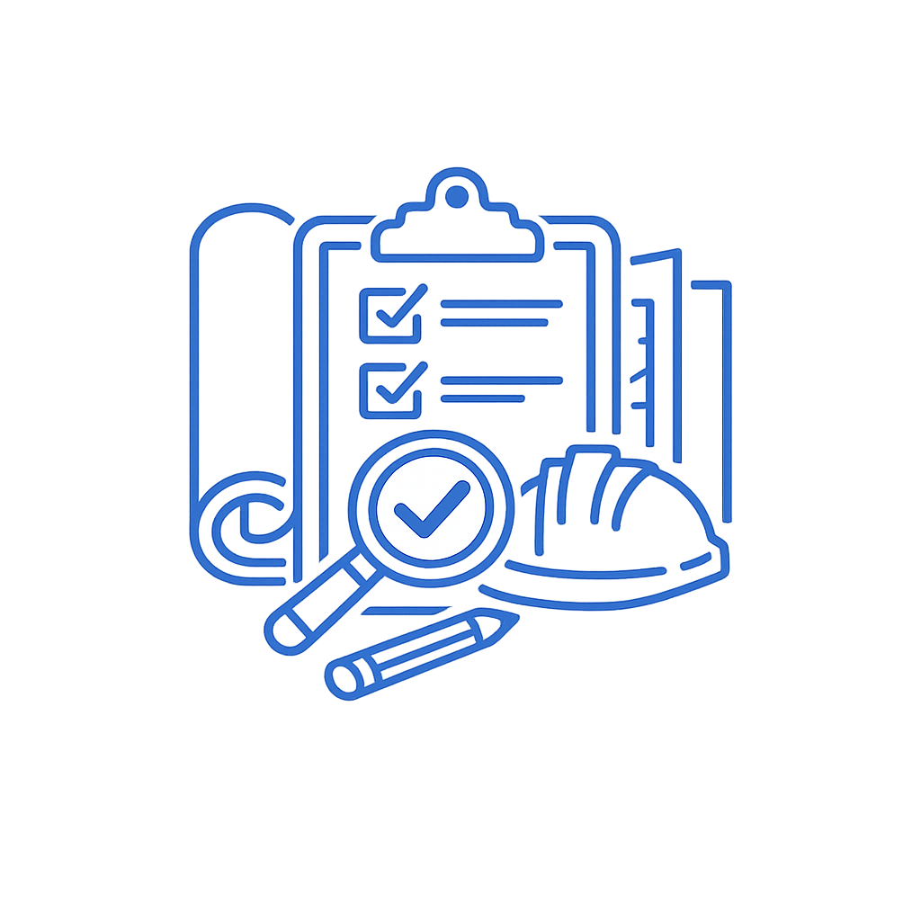 Blue neon icon of a clipboard with checkmarks, a magnifying glass with a checkmark, a rolled document, an engineer's helmet, and two pills, representing inspection or quality assurance.