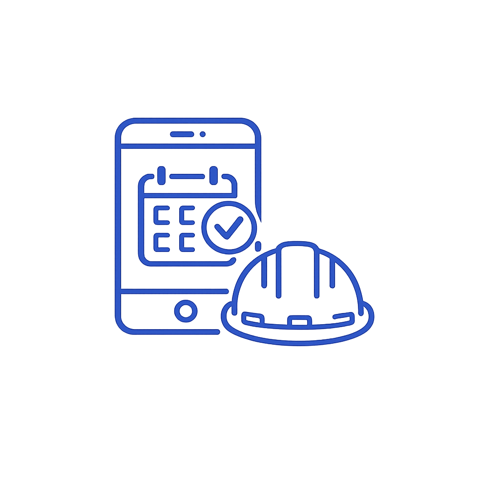 Digital illustration of a smartphone with a checklist and check mark, a construction helmet, and a safety barrier, representing construction safety management.