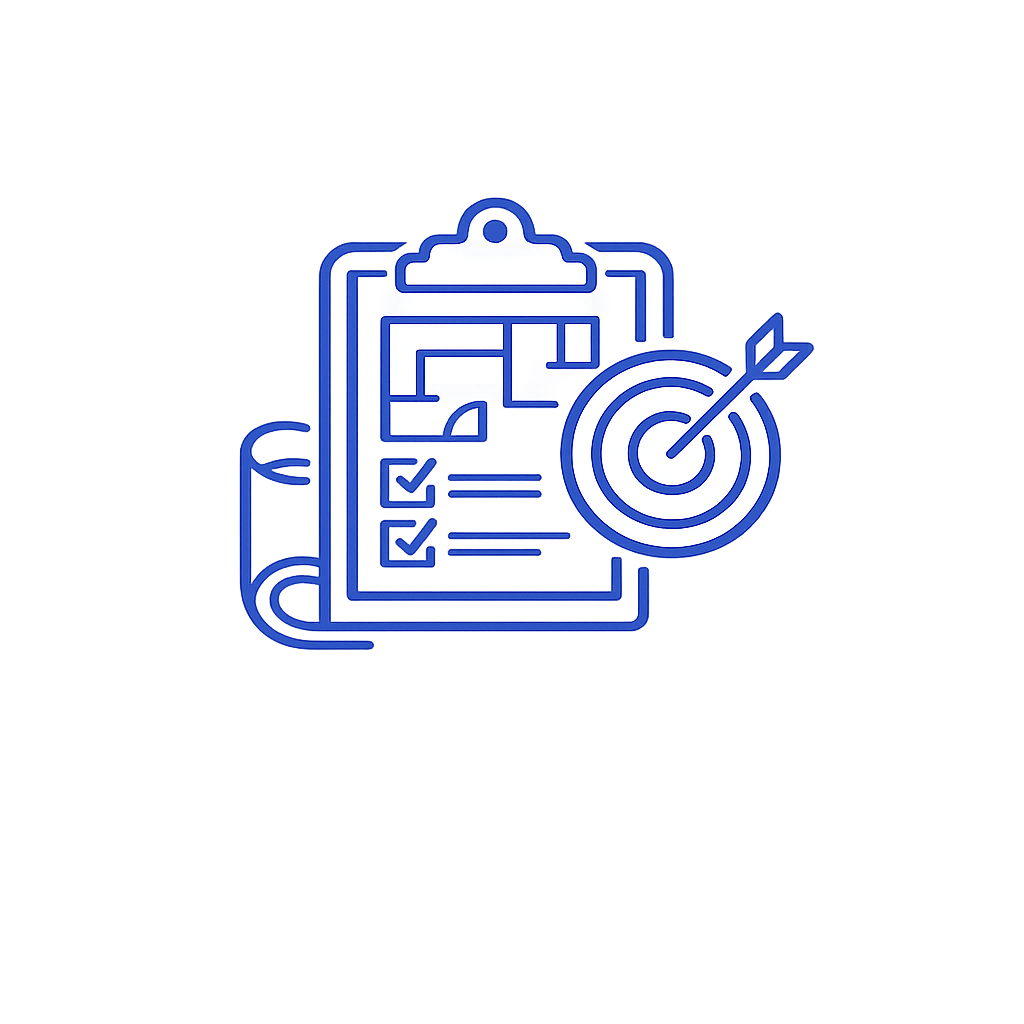 Outline of a clipboard with checklists and a target with an arrow hitting the center of the bullseye.