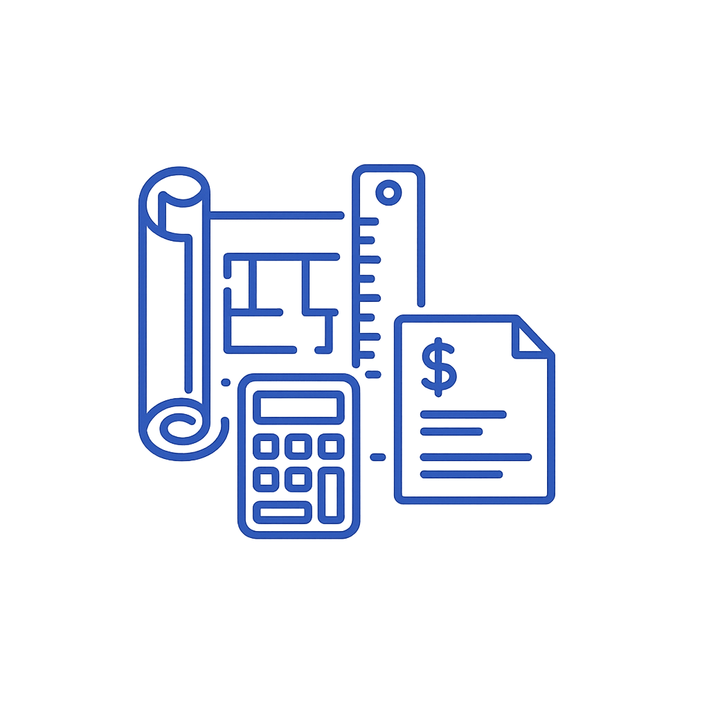 Neon sign with blueprint, ruler, calculator, and financial document icons.