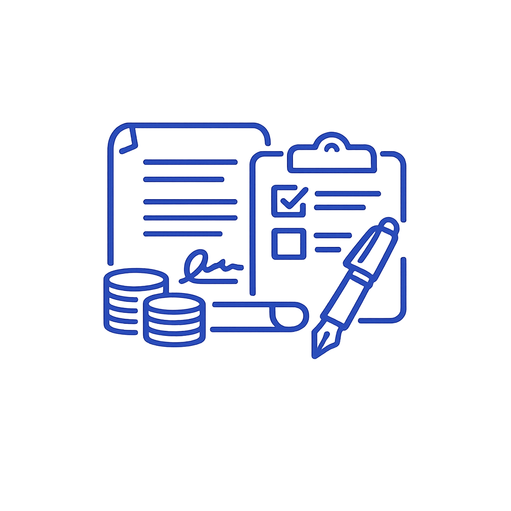 Illustration of financial documents, coins, a checklist on a clipboard, and a pen.