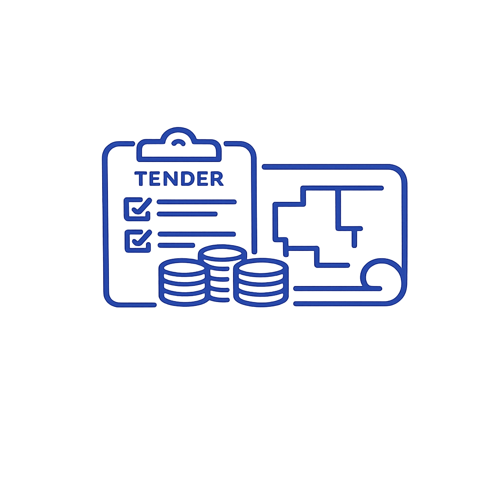 Blue illustration of a tender proposal, coins, and architectural plan on a clipboard and blueprints.