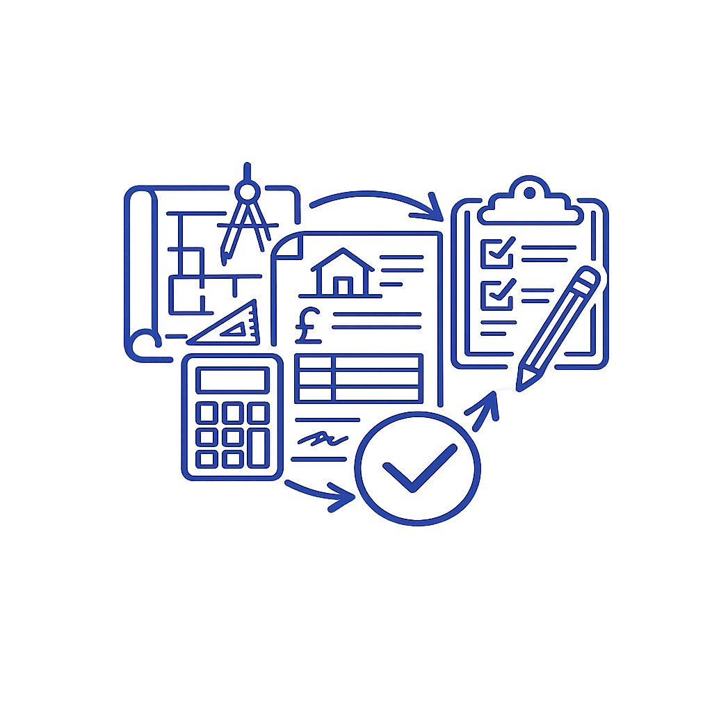 Illustration of real estate documents, blueprints, calculator, checklists, signed papers, and a house icon, representing property transaction planning.