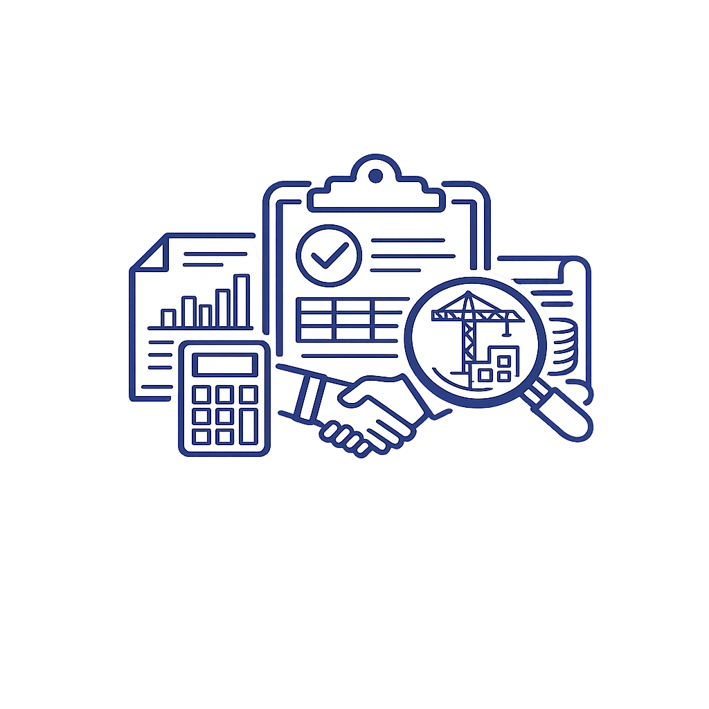 Business concept illustration with documents, handshake, magnifying glass displaying construction crane, calculator, and charts.