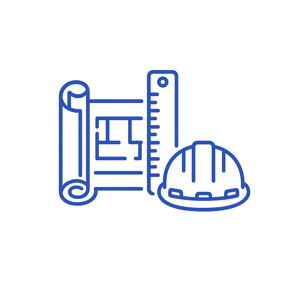 Blueprint, ruler, and construction helmet icon in blue outline.