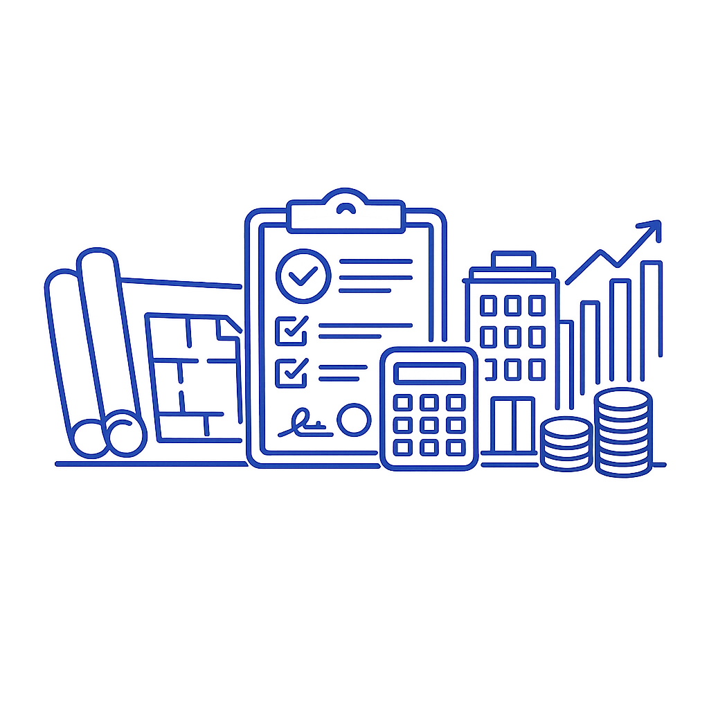 Financial planning and analysis illustration with blueprints, charts, a clipboard, a calculator, a building, a graph with an upward arrow, and stacked coins.