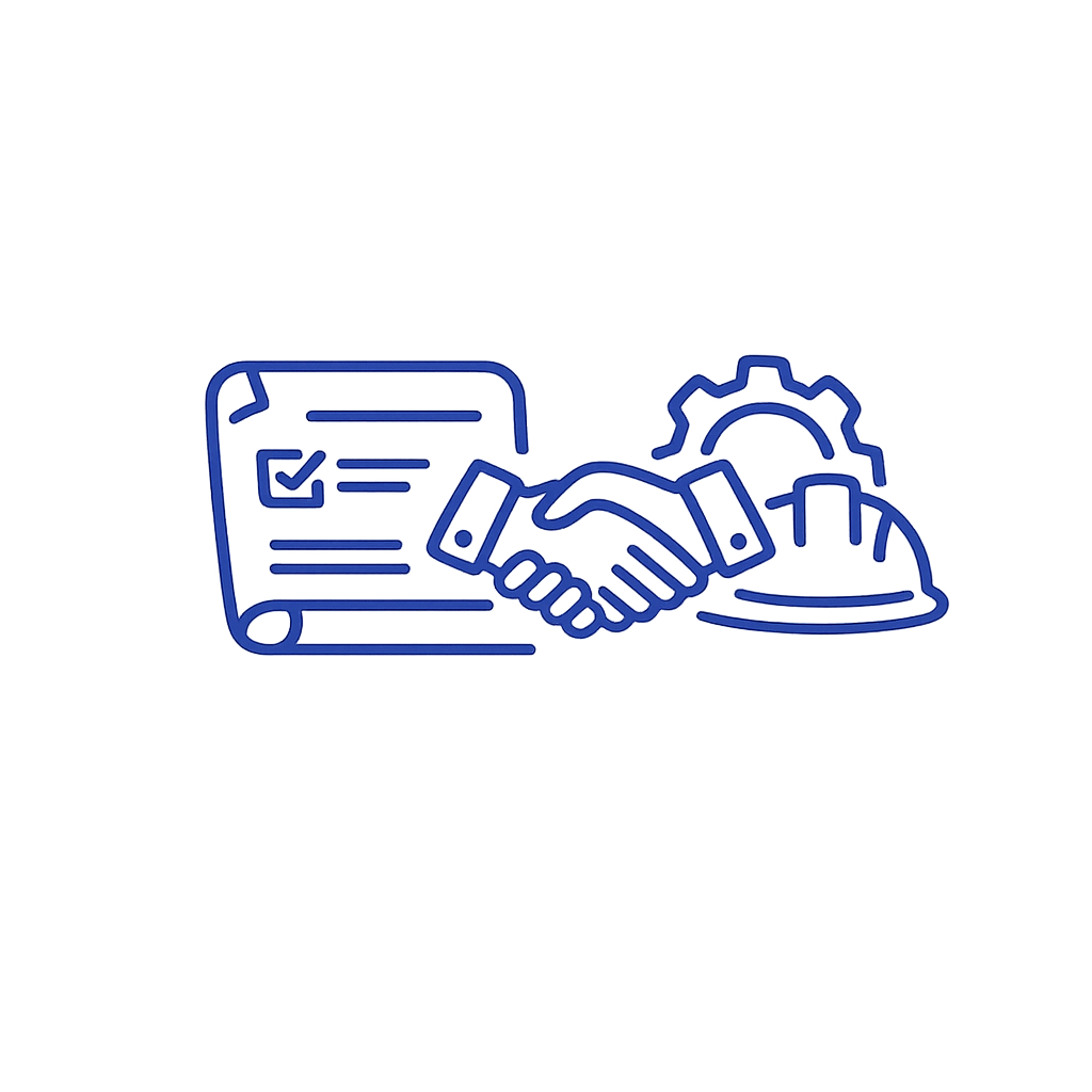 A blue line art illustration of a handshake between two people, with a document, a gear, and a hard hat in the background, symbolizing agreement, planning, and construction.