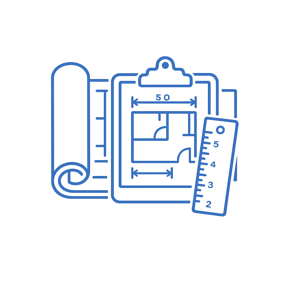 Blueprint sketch of a house plan on a clipboard with a roller, ruler, and rolled-out blueprint.