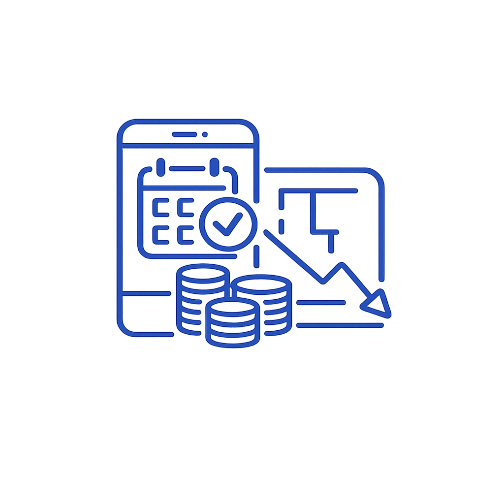 Digital illustration of a smartphone with a calendar and checkmark, financial charts, coins, and a downward trending line graph.
