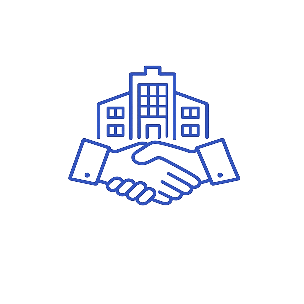 Outline of two hands shaking in front of a building, representing real estate or property agreement.