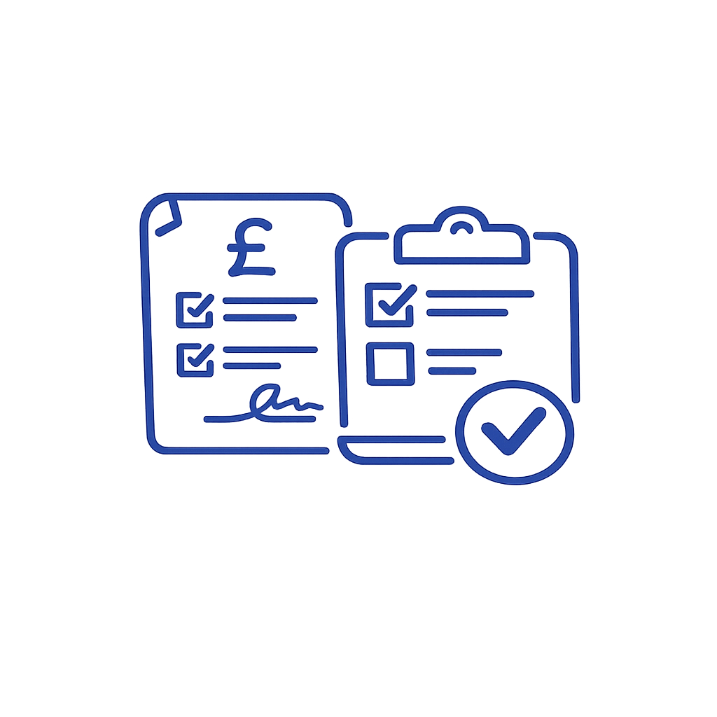 Blue illustrations of documents with checkmarks and signatures, depicting financial and approval processes.