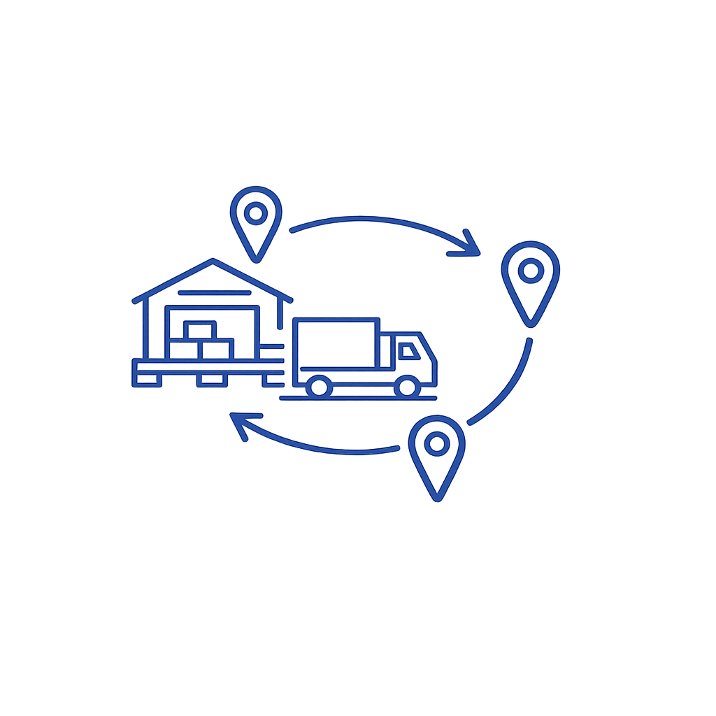 Flowchart showing house, delivery truck, and location markers indicating delivery process and routes.