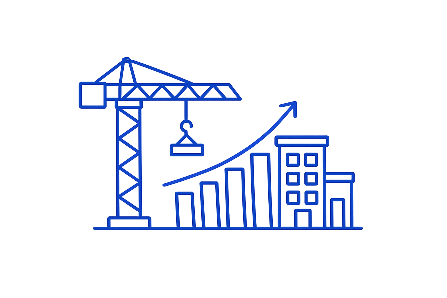 A blue outline of a construction crane, a bar graph with an upward arrow, and various building silhouettes against a background with red and black color streaks.